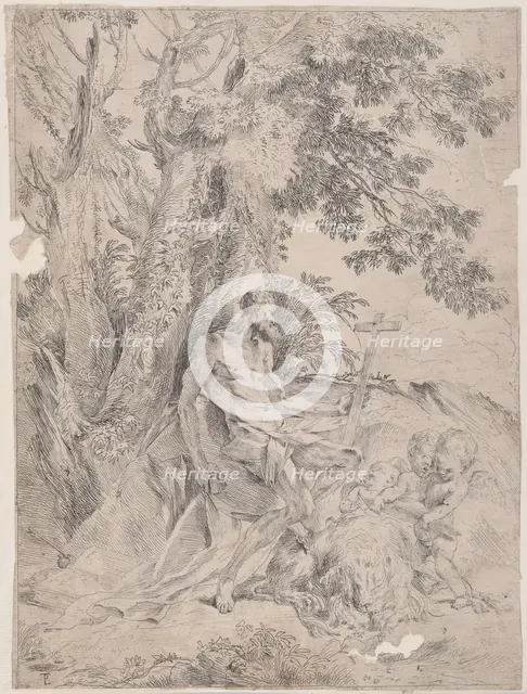 Saint Jerome before a crucifix accompanied by a lion and three putti, ca. 1631-37. Creator: Pietro Testa.