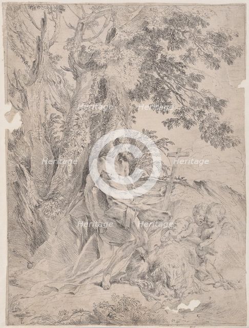 Saint Jerome before a crucifix accompanied by a lion and three putti, ca. 1631-37. Creator: Pietro Testa.