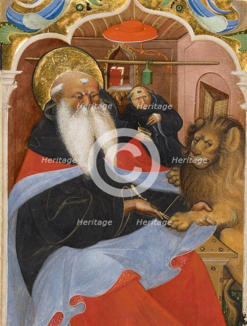 Saint Jerome Extracting a Thorn from a Lion's Paw, second quarter of 15th century.  Creator: Master of the Murano Gradual.