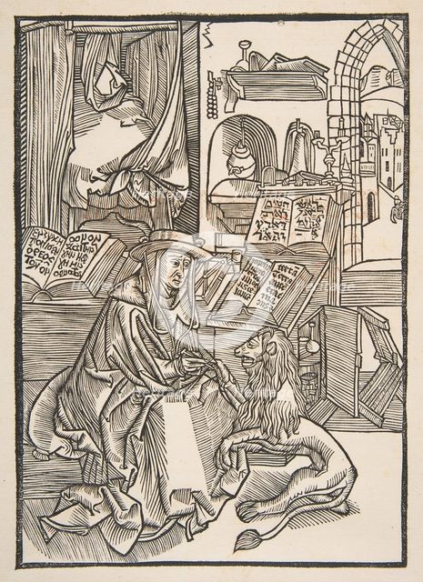 Saint Jerome Extracting a Thorn from the Lion's Foot, Lyons 1508 (copy).n.d. Creator: Unknown.