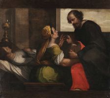 Saint Jerome Emiliani Takes Care of an Orphan, 1595-1600. Creator: Scarsellino (Scarsella), Ippolito (1551-1620)