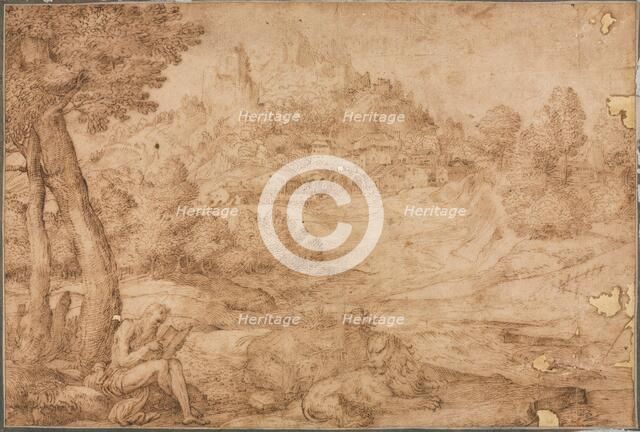 Saint Jerome in a Landscape, c. 1530. Creator: Domenico Campagnola (Italian, 1500-1564).
