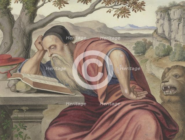 Saint Jerome in a landscape, reading, mid-19th century. Creator: Ferdinand Olivier.