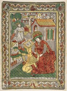 Saint Jerome in Penitence and as a Scholar Removing a Thorn from a Lion's Paw (Sch...., ca. 1470-85. Creator: The Master of the Mountainlike Clouds and The Master of the Church Fathers Border