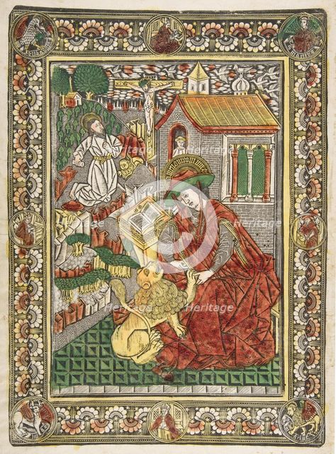 Saint Jerome in Penitence and as a Scholar Removing a Thorn from a Lion's Paw (Sch...., ca. 1470-85. Creator: The Master of the Mountainlike Clouds and The Master of the Church Fathers' Border.