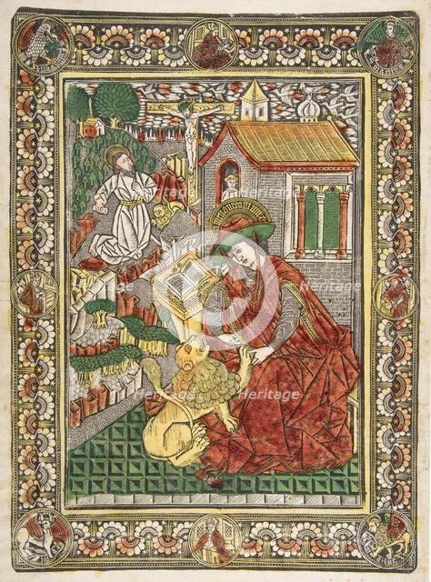 Saint Jerome in Penitence and as a Scholar Removing a Thorn from a Lion's Paw (Sch...., ca. 1470-85. Creator: The Master of the Mountainlike Clouds and The Master of the Church Fathers' Border.