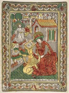 Saint Jerome in Penitence and as a Scholar Removing a Thorn from a Lion's Paw (Sch...., ca. 1470-85. Creator: The Master of the Mountainlike Clouds and The Master of the Church Fathers Border