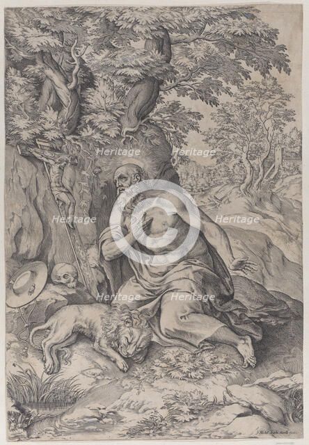 Saint Jerome in the wilderness, with a lion at left, 1578-80., 1578-80. Creator: Michelangelo Marelli.