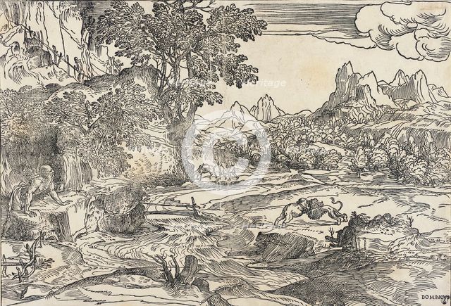 Saint Jerome in the Wilderness with Fighting Lion and Bear, between 1530 and 1535. Creator: Domenico Campagnola.