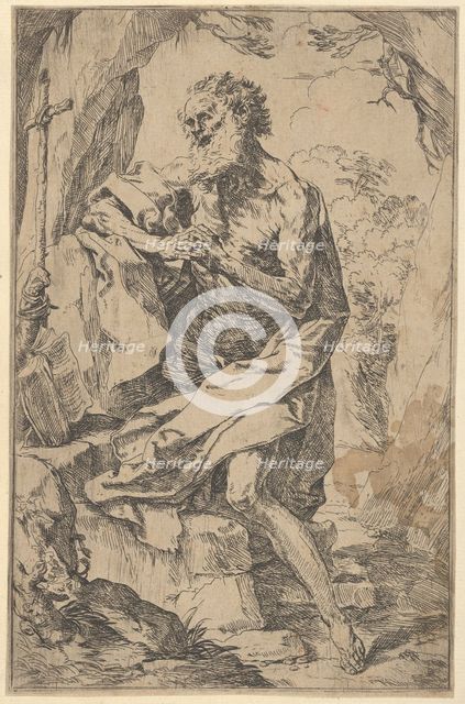 Saint Jerome kneeling on a rock in front of a cross and an open book facing left,..., ca. 1600-1640. Creator: Guido Reni.
