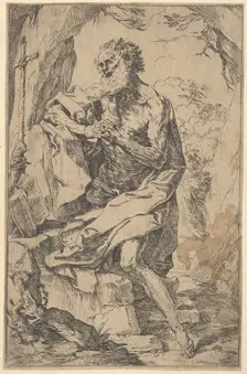 Saint Jerome kneeling on a rock in front of a cross and an open book facing left,..., ca. 1600-1640. Creator: Guido Reni
