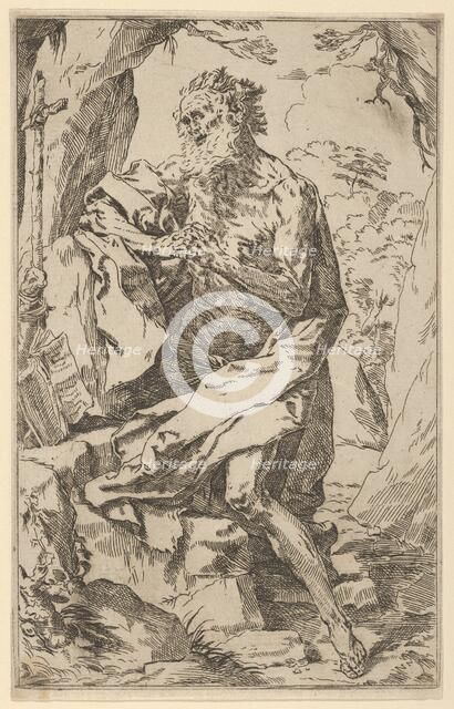 Saint Jerome kneeling on a rock in front of a cross and an open book facing left,..., ca. 1600-1640. Creator: Anon.