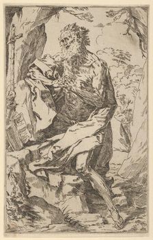 Saint Jerome kneeling on a rock in front of a cross and an open book facing left,..., ca. 1600-1640. Creator: Anon