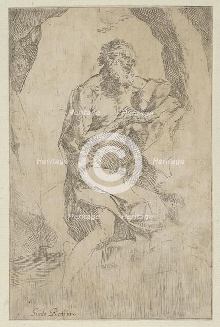 Saint Jerome kneeling on a rock in front of a cross and an open book facing right..., ca. 1600-1640. Creator: Anon.