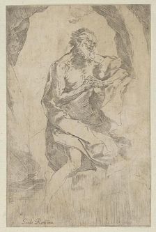Saint Jerome kneeling on a rock in front of a cross and an open book facing right..., ca. 1600-1640. Creator: Anon