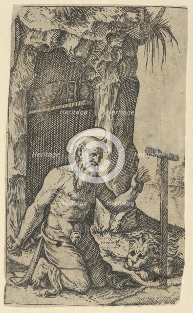 Saint Jerome kneeling before a crucifix, from the series 'Piccoli Santi' (Small S..., ca. 1500-1527. Creator: Marcantonio Raimondi.