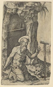 Saint Jerome kneeling before a crucifix, from the series Piccoli Santi (Small S..., ca. 1500-1527. Creator: Marcantonio Raimondi
