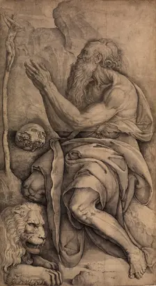 Saint Jerome kneeling before a crucifix, with a skull and lion, ca. 1550-60. Creator: Battista Franco Veneziano