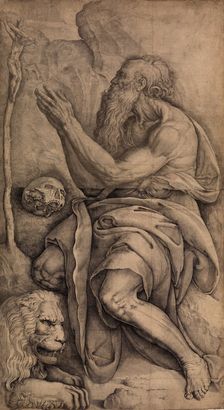 Saint Jerome kneeling before a crucifix, with a skull and lion, ca. 1550-60. Creator: Battista Franco Veneziano