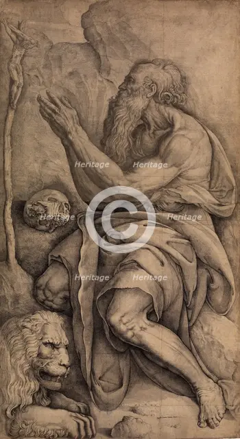 Saint Jerome kneeling before a crucifix, with a skull and lion, ca. 1550-60. Creator: Battista Franco Veneziano.