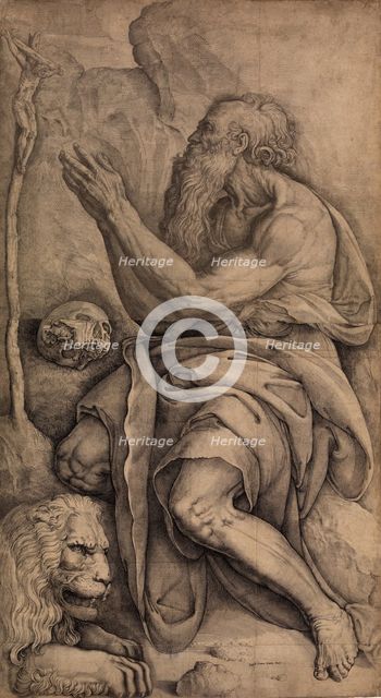 Saint Jerome kneeling before a crucifix, with a skull and lion, ca. 1550-60. Creator: Battista Franco Veneziano.