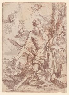 Saint Jerome kneeling beside a tree with his arms outstretched, 1640-60. Creator: Giulio Carpioni