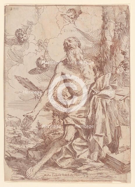 Saint Jerome kneeling beside a tree with his arms outstretched, 1640-60. Creator: Giulio Carpioni.