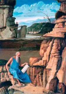 Saint Jerome reading in a Landscape c1480-1485. Artist: Giovanni Bellini