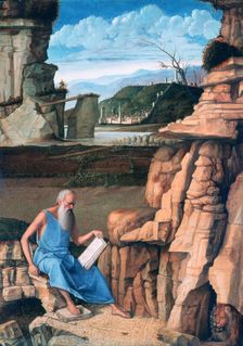 Saint Jerome reading in a Landscape c1480-1485. Artist: Giovanni Bellini