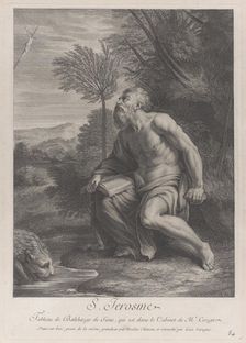 Saint Jerome seated by a tree looking up at a crucifix, a lion drinking water from a strea..., 1728. Creators: Nicolas Chateau, Louis Surugue