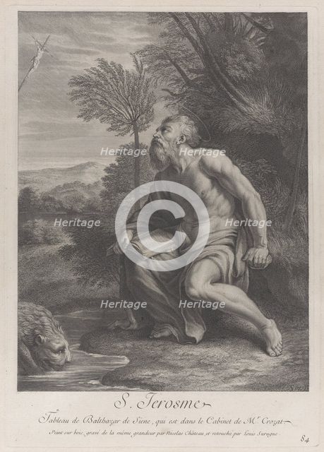 Saint Jerome seated by a tree looking up at a crucifix, a lion drinking water from a strea..., 1728. Creators: Nicolas Chateau, Louis Surugue.