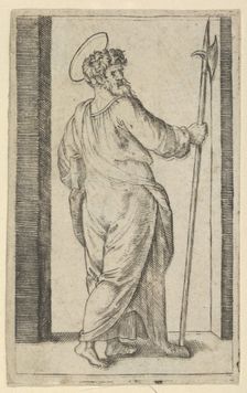 Saint Jude, holding a halberd in his right hand, from the series Piccoli Santi ..., ca. 1500-1527. Creator: Marcantonio Raimondi