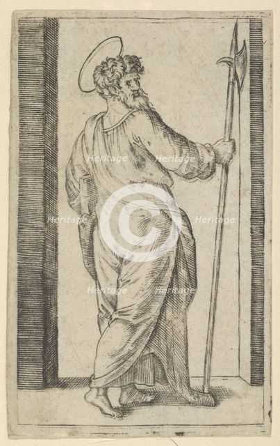 Saint Jude, holding a halberd in his right hand, from the series 'Piccoli Santi' ..., ca. 1500-1527. Creator: Marcantonio Raimondi.
