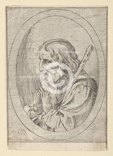 Saint Jude in prayer, seen in profile facing left with a staff resting on his shoulder, 1600-1640. Creator: Anon.