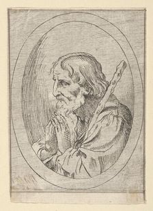 Saint Jude in prayer, seen in profile facing left with a staff resting on his shoulder, 1600-1640. Creator: Anon