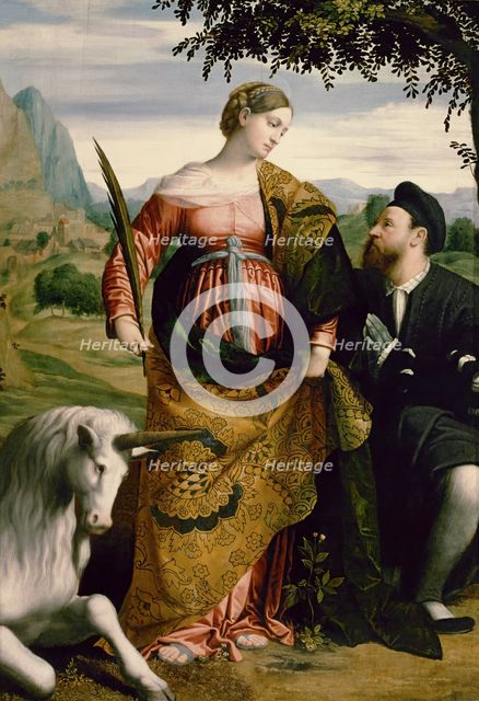 Saint Justina, Venerated by a Patron, ca 1530. Artist: Moretto da Brescia (ca 1498 - 1554)