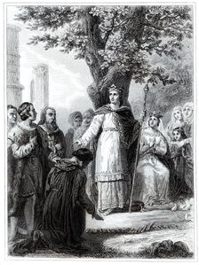 Saint Louis IX (1214-1270), King of France imparting justice, engraving from 1853