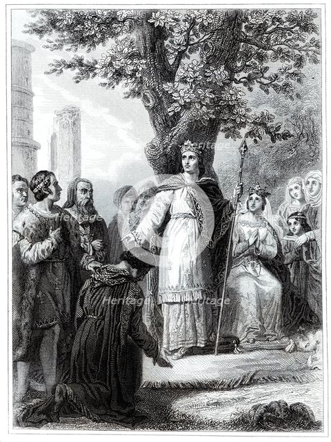 Saint Louis IX (1214-1270), King of France imparting justice, engraving from 1853.