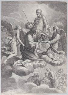 Saint Louis of France received into heaven by Christ and two angels who offer him the c..., 1671-80. Creator: Charles-Louis Simonneau