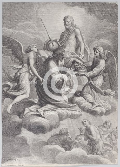 Saint Louis of France received into heaven by Christ and two angels who offer him the c..., 1671-80. Creator: Charles-Louis Simonneau.