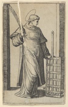 Saint Lawrence, left hand resting on a grill, from the series Piccoli Santi (Sm..., ca. 1500-1527. Creator: Marcantonio Raimondi