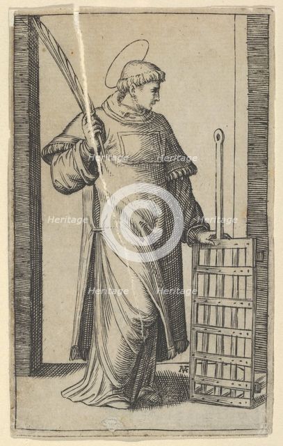 Saint Lawrence, left hand resting on a grill, from the series 'Piccoli Santi' (Sm..., ca. 1500-1527. Creator: Marcantonio Raimondi.
