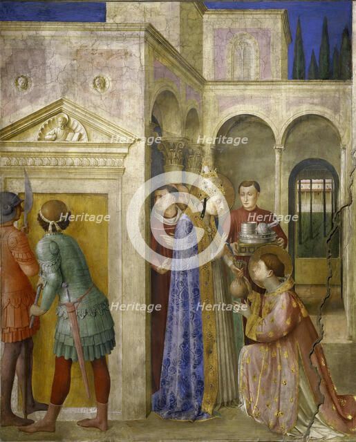 Saint Lawrence Receiving the Treasures of the Church from Pope Sixtus II, c. 1448. Creator: Angelico, Fra Giovanni, da Fiesole (ca. 1400-1455).