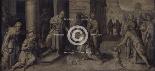 Saint Luke Giving three Pilgrims Alms, c1560-1600. Creator: Martin de Vos.