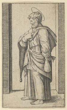 Saint Matthew, a small sack in his left hand, from the series Piccoli Santi (Sm..., ca. 1500-1527. Creator: Marcantonio Raimondi