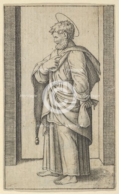 Saint Matthew, a small sack in his left hand, from the series 'Piccoli Santi' (Sm..., ca. 1500-1527. Creator: Marcantonio Raimondi.