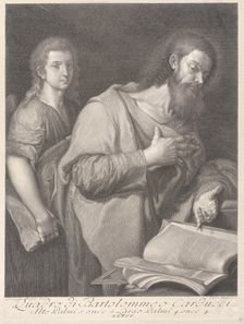 Saint Matthew, standing before a book at right with a hand on his chest, another man be..., 1750-84. Creators: Carlo Faucci, Giuseppe Magni