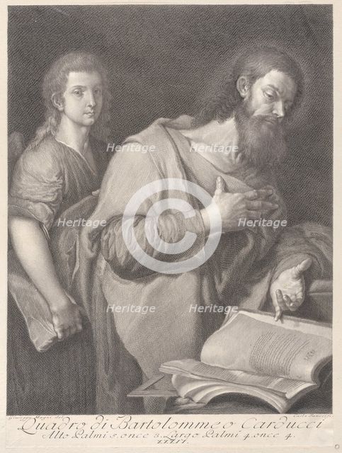 Saint Matthew, standing before a book at right with a hand on his chest, another man be..., 1750-84. Creators: Carlo Faucci, Giuseppe Magni.