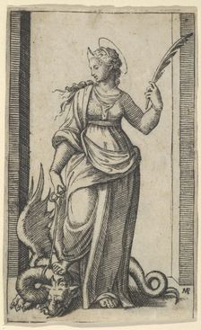 Saint Margaret standing, a dragon at the left, from the series Piccoli Santi (S..., ca. 1500-1527. Creator: Marcantonio Raimondi