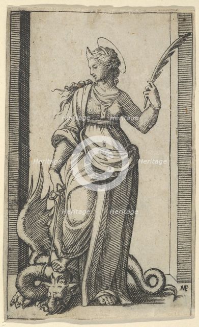 Saint Margaret standing, a dragon at the left, from the series 'Piccoli Santi' (S..., ca. 1500-1527. Creator: Marcantonio Raimondi.